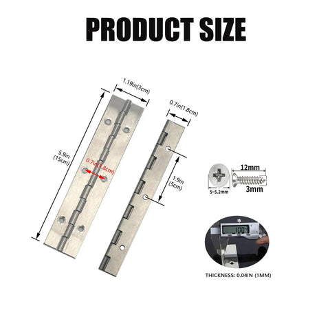 Rock Solid 6 Pack Heavy Duty Stainless Steel Piano Hinges For Cabinet Doors And Gates Built Different Rust Proof Silver Finish showing dimensions and features.