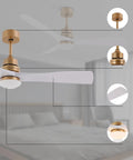 Ceiling Fan Light 48 Inch with Remote 6 Speeds 3000-6500K for Bedroom with modern design in gold and white finish.