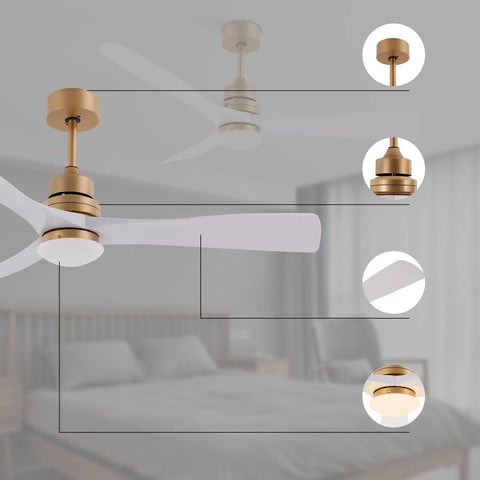 Ceiling Fan Light 48 Inch with Remote 6 Speeds 3000-6500K for Bedroom with modern design in gold and white finish.