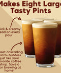 Four glasses of nitro cold brew with thick, creamy foam, showcasing micro-bubbles, labeled as making eight large tasty pints.