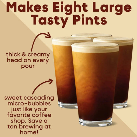 Four glasses of nitro cold brew with thick, creamy foam, showcasing micro-bubbles, labeled as making eight large tasty pints.