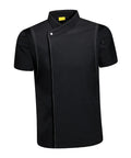 Lock In Your Kitchen Grind With This Fresh Modern Fit Short Sleeve Chef Coat Jacket Double Breasted Breathable Restaurant Catering Uniform Shirt For Dedicated Cooks And Chefs in black with short sleeves.