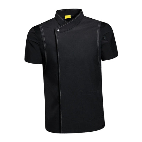 Lock In Your Kitchen Grind With This Fresh Modern Fit Short Sleeve Chef Coat Jacket Double Breasted Breathable Restaurant Catering Uniform Shirt For Dedicated Cooks And Chefs in black with short sleeves.