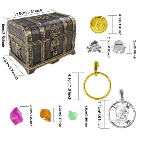 Pirate Treasure Chest Toy With Lock For Kids Kid Friendly Adventure Storage Box Includes Coins Gems Earrings Lock Key