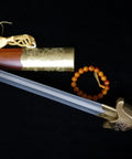 Flexible Tai Chi Sword Hand Forged Damascus Folded Steel Chinese Jian with sandalwood scabbard detail and tassel, 39 inch