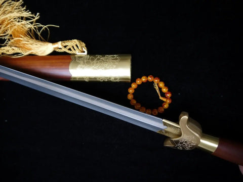 Flexible Tai Chi Sword Hand Forged Damascus Folded Steel Chinese Jian with sandalwood scabbard detail and tassel, 39 inch