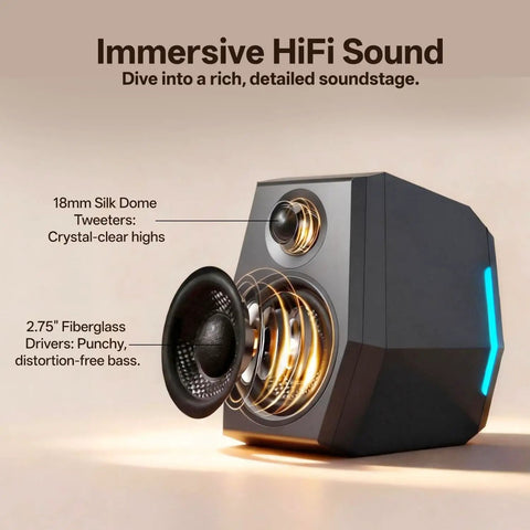 Immersive Gaming Speakers With DSP And 36W Power 24bit USB DAC Bluetooth 5.2 2.0 RGB, side view of speaker showing tweeter and woofer