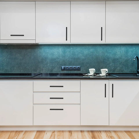 Modern kitchen with 30 Pack Square Cabinet Handles In Matte Black Stainless Steel For Kitchen Drawers, 6 1/4 Inch Center To Center
