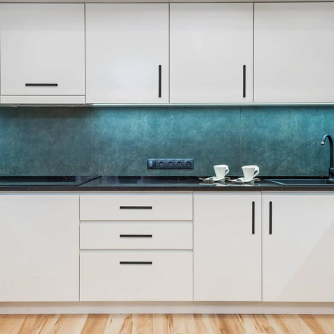 White kitchen with installed 18 Pack 6 1/4 Inch Square Cabinet Handles In Matte Black Stainless Steel Drawer Pulls For Kitchen Cabinets