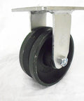 Rigid caster with top mounting plate and U-shaped yoke, black iron V-groove wheel, 5 in diameter and 2 in wide.