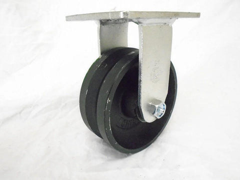 Rigid caster with top mounting plate and U-shaped yoke, black iron V-groove wheel, 5 in diameter and 2 in wide.