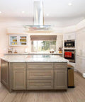 Modern kitchen island with antique brass stainless steel cabinet handles and T bar knobs, featuring 320mm zinc alloy hardware.