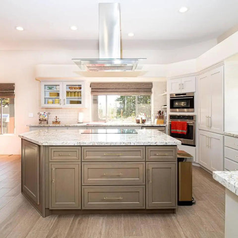 Modern kitchen island with antique brass stainless steel cabinet handles and T bar knobs, featuring 320mm zinc alloy hardware.