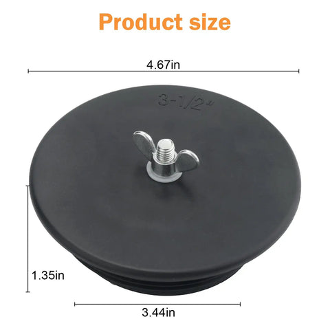 3-1/2 Inch Mechanical Cleanout Gripper Plug For DWV Plumbing ABS Expansion Seal For Pressure Testing And Temporary Sealing 2 Pack DIY Friendly Toolbox Ready Heavy Duty Drain System Seal For Residential And Commercial Use. 3-1/2 inch black ABS cleanout gripper plug with wing nut, shown with size dimensions