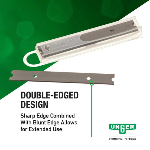 4 Inch Reversible Carbon Steel Scraper Blades For Light Duty Scrapers With Dual Edges Razor Edge For Paint Tape And More And Blunt Edge For Cement Or Stucco Replacement Blades For Multipurpose Use displayed with packaging