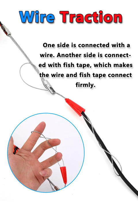 Professional 32 Ft Fish Tape Wire Snake For Electrical Installations showing wire connection with fish tape for traction.