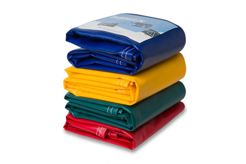 Stack of heavy duty waterproof vinyl tarps with rustproof grommets, 8x10 feet, in red, green, yellow, and blue for outdoor protection.