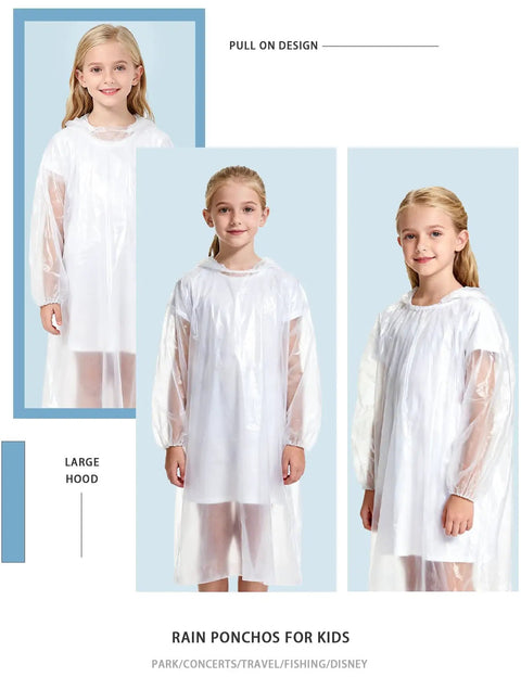 Children wearing Rain Ponchos For The Fam 6 Pack, Extra Thick 0.035mm PE, Hooded Waterproof Emergency Ponchos, clear and durable.