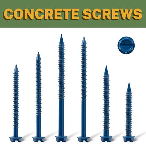 Image showing a set of blue coated Heavy Duty Concrete Screws Set Lionmax 150 Piece One Quarter Inch By One And Three Quarter Inch Hex Head Masonry Screws.