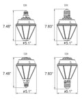 Diagram of 80W LED Corn Light Bulb With Removable E26 And E39 Base, showing measurements for each type and base.