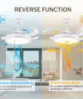 42 Inch Retractable Bladeless Ceiling Fan with LED Lights showing summer and winter modes in a modern living room.