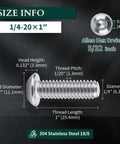 Detailed diagram of 1/4-20 x 1 Button Head Socket Cap Screws in 304 stainless steel, showing dimensions and thread details.