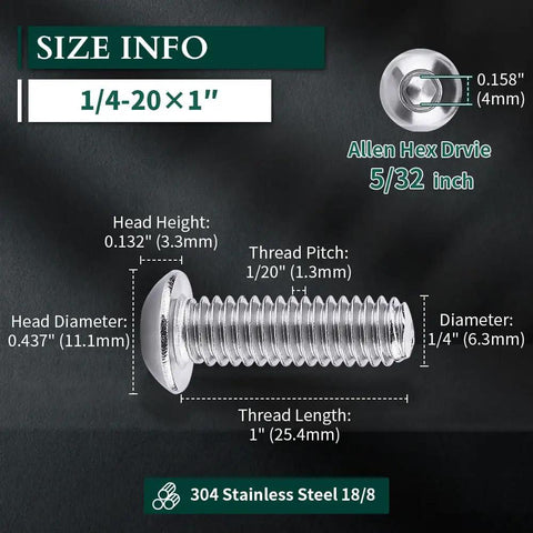 Detailed diagram of 1/4-20 x 1 Button Head Socket Cap Screws in 304 stainless steel, showing dimensions and thread details.