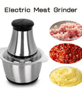 Heavy Duty 350W Electric Meat Grinder And Food Chopper with Stainless Steel Blades, showing ground meat and chopped ingredients.