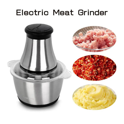 Heavy Duty 350W Electric Meat Grinder And Food Chopper with Stainless Steel Blades, showing ground meat and chopped ingredients.
