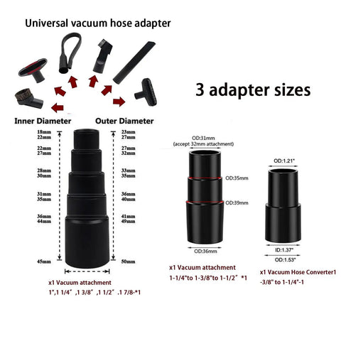 Universal Vacuum Attachments Kit With One Seven Eighths Inch Adapter, One And One Quarter Inch Adapter, And One Inch Adapter Fits Most Vacuums diagram