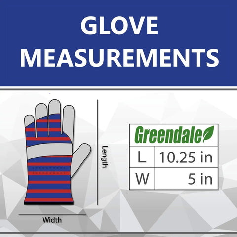 Tough as Nails Heavy Duty Leather and Cotton Work Gloves 12 Pack for Garage Yard Garden Industrial and Commercial Use with Double Stitched Protection Extended Wrist Cuff One Size Fits Most glove measurements showing length and width.