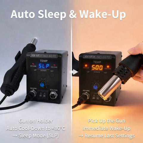 Dope Pro Grade 700W Hot Air Rework Station With Digital Temperature Control 100 To 500 C Range displaying auto sleep and wake-up mode