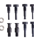 8-piece set of black metal camshaft sprocket locking bolts with knurled heads and two washers