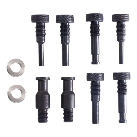 8-piece set of black metal camshaft sprocket locking bolts with knurled heads and two washers
