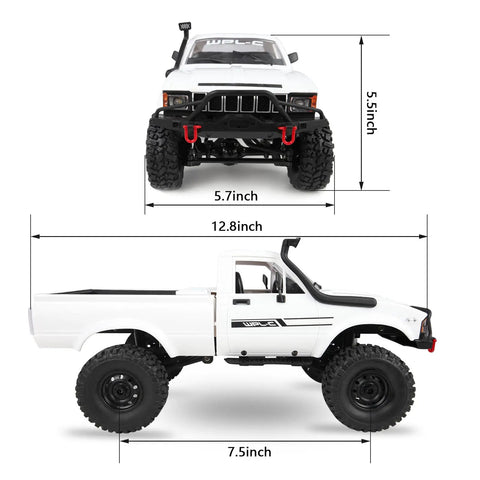 Rugged All Terrain 4x4 RC Crawler Truck 1 Sixteenth Scale Remote Control Pickup RTR Off Road Toy Car For Adults side view with dimensions