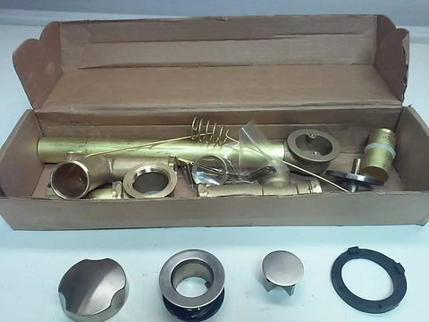 Universal Bathtub Drain With Smooth Rotary Knob Stopper In Sleek Satin Nickel Finish Built Tough With Heavy Duty Brass parts in box.