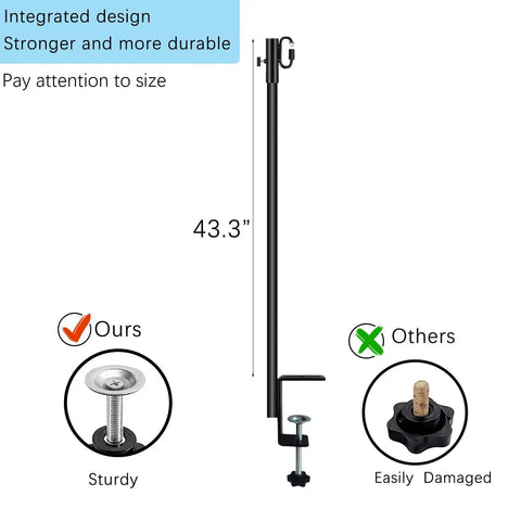 Dang Tough Deck String Light Poles Four Pack Heavy Duty All Metal Hooks 43.3 inch pole with adjustable clamp for hanging.