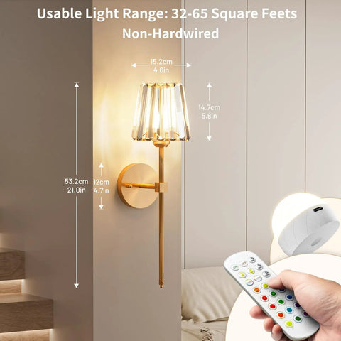 Sparkling Crystal Wall Sconces Set Of Two, Rechargeable Wireless Wall Lights With Remote, Dazzling Gold Touch Dimmer For Cozy Indoor Vibes, Quick Install Zero Wiring Drama, dimensions displayed on wall.