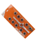 The Ultimate 11 Piece Tap And Die Set For Garage Hacks And Workshop Wizardry. Crafted From High Grade Tool Steel, This Precision Threading Kit Makes Taping Easy Without Breaking Your Hands Or Budget.. 11-piece metal tap and die set with wrench on orange card