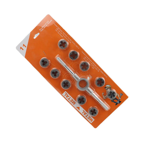 The Ultimate 11 Piece Tap And Die Set For Garage Hacks And Workshop Wizardry. Crafted From High Grade Tool Steel, This Precision Threading Kit Makes Taping Easy Without Breaking Your Hands Or Budget.. 11-piece metal tap and die set with wrench on orange card