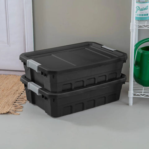 Stacked Six Pack 10 Gallon Stackable Storage Totes For Home Organization, Heavy Duty Plastic Bins With Recessed Lids And Latches