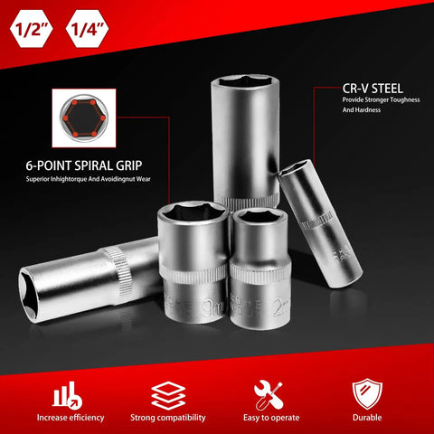Durable 94 Piece Mechanics Tool Set With Metric And Standard Sockets Quarter Inch And Half Inch Drives, CR-V steel sockets