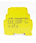 Industrial Overvoltage Surge Protector SD150X for DIN rail mounted equipment, shown in yellow with specifications diagram.