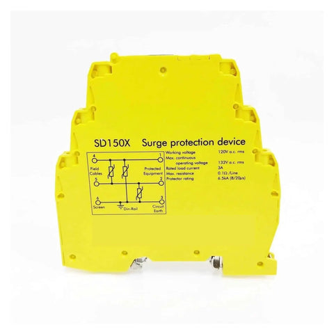 Industrial Overvoltage Surge Protector SD150X for DIN rail mounted equipment, shown in yellow with specifications diagram.