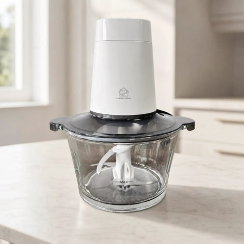 Cuisine Talent Electric Food Chopper With 1.8L Glass Bowl 150W Motor on a kitchen countertop, showing the glass bowl and blade.