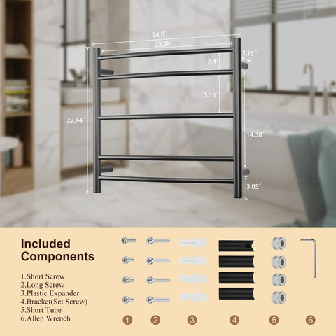 Black Wall Mounted Electric Towel Warmer Rack With 5 Bars Stainless Steel Heated Towel Holder 40W 120V dimensions included