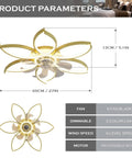 27 Inch Bladeless Flush Mount Ceiling Fan With Lights Remote Control Quiet Low Profile Modern Bedroom Fan Dimmable LED Light Six Gear Speeds Three Color Temperatures Flower Style Design showing product parameters and dimensions.