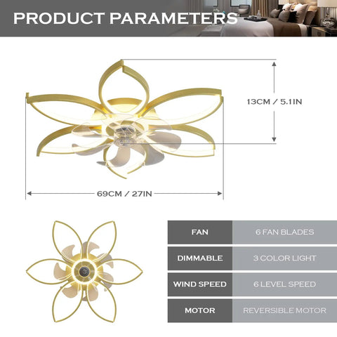 27 Inch Bladeless Flush Mount Ceiling Fan With Lights Remote Control Quiet Low Profile Modern Bedroom Fan Dimmable LED Light Six Gear Speeds Three Color Temperatures Flower Style Design showing product parameters and dimensions.