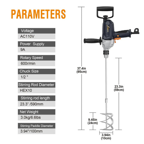 Heavy Duty 9A Corded Drill Mixer With Spade Handle Half Inch Chuck 360 Degree Rotation Pro Grade Concrete Mud Mixing Drill Machine For Fast Even Mixing And High Power Performance - Specifications and dimensions shown