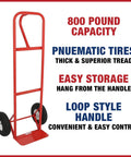 Heavy Duty Hand Truck Alloy Steel Red 800 Lb Capacity 10 Inch Pneumatic Tires Durable Tubular Frame Easy Storage